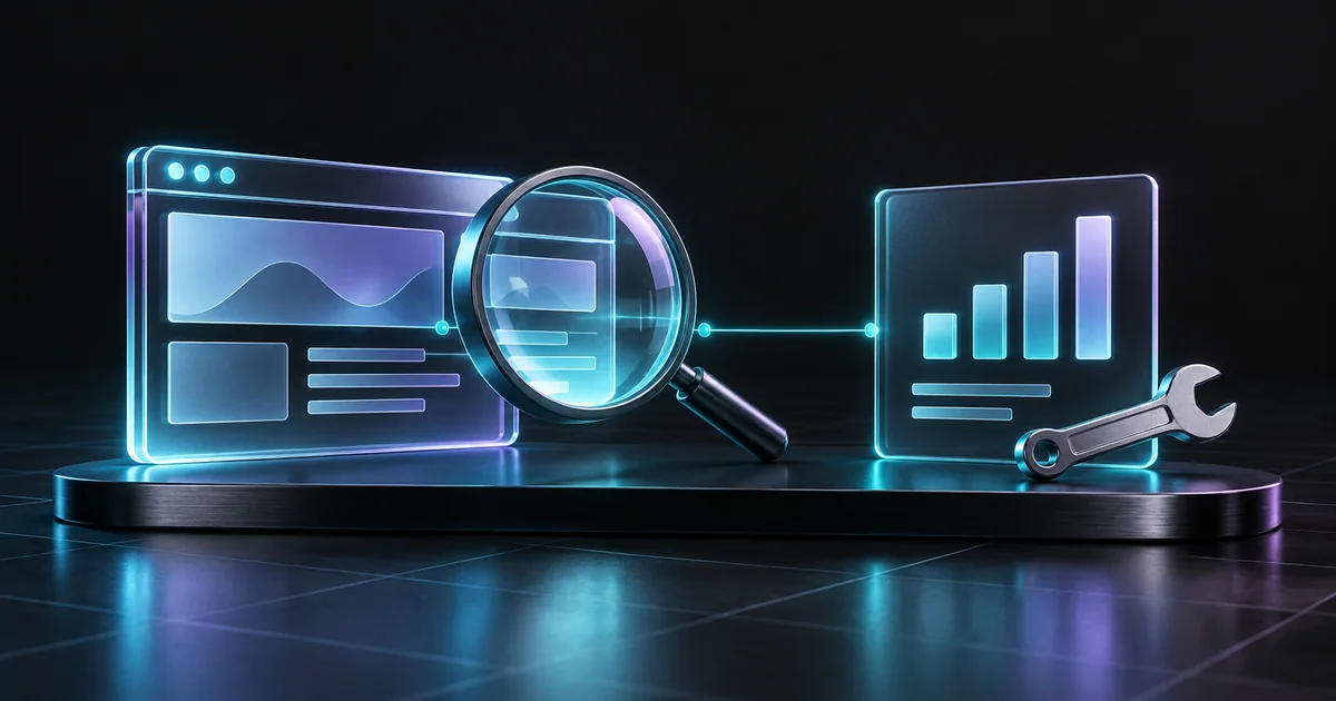 An abstract website, a magnifying lens, and a report with a wrench connected by cyan light.