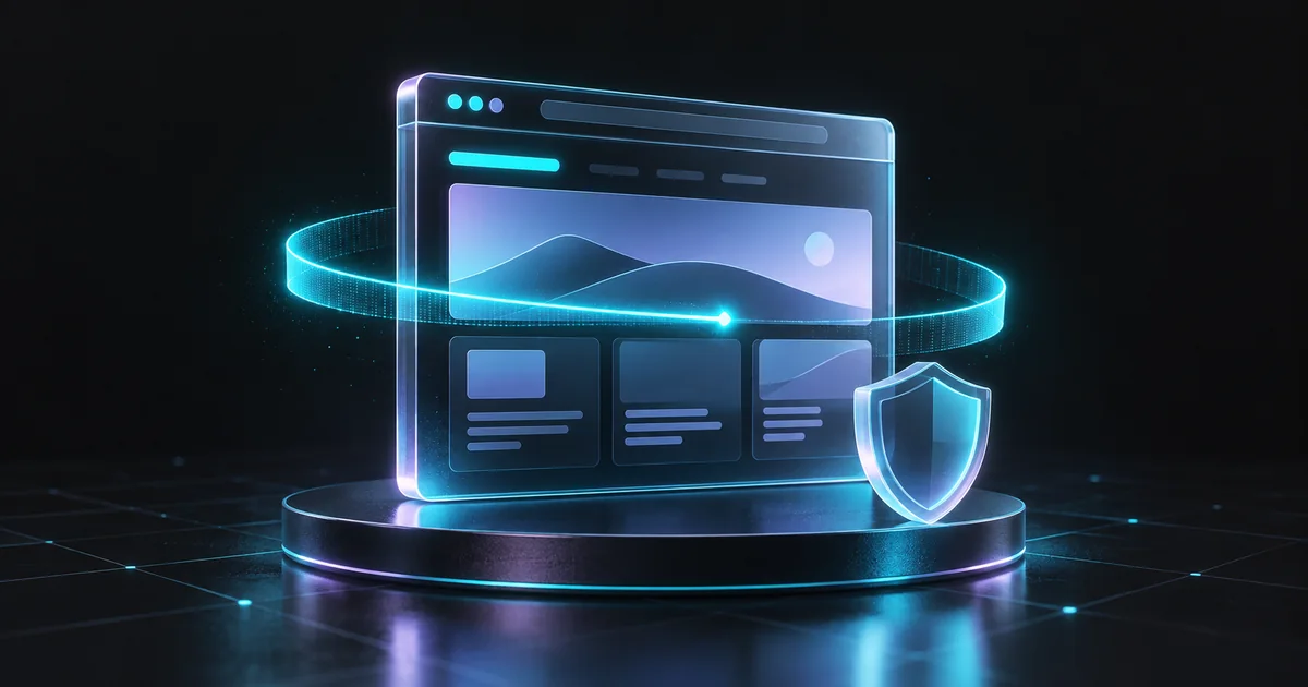An abstract website surrounded by a cyan scanning ring beside a translucent shield.