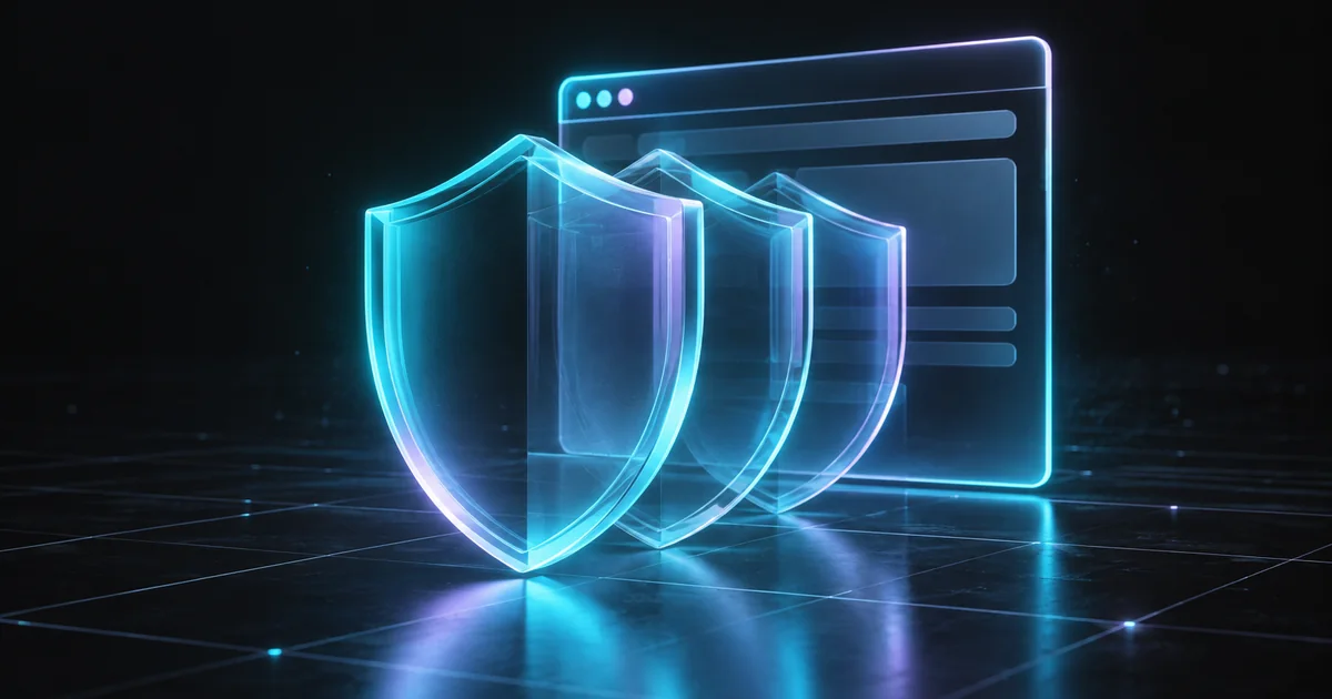 Layered translucent shields protecting an abstract browser window.